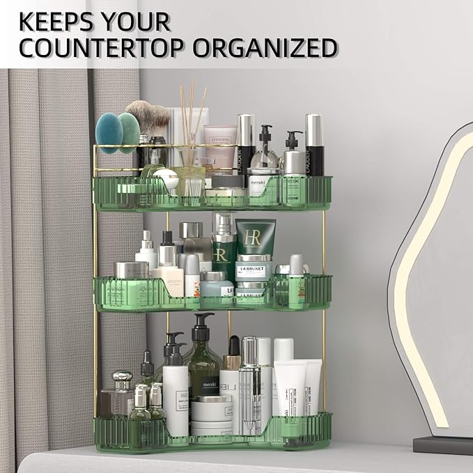 3 Tier Corner Bathroom Organizer Countertop, Vanity Makeup Organizer with Brush Holder, Space-Saving Skincare Storage Corner Shelf for Bathroom, Dressing Table, Kitchen