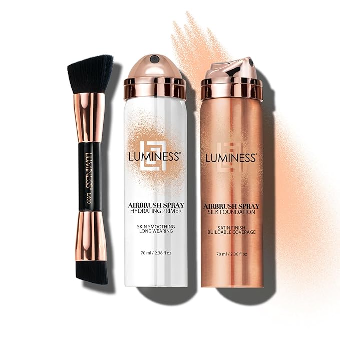 LUMINESS Airbrush Spray Silk Foundation Starter Kit - Fair - Foundation, Primer & Dual-Sided Angled Buffing Brush - Medium, Buildable Coverage, Anti-Aging Formula Hydrates & Moisturizes