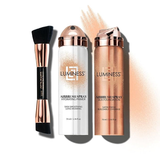 LUMINESS Airbrush Spray Silk Foundation Starter Kit - Fair - Foundation, Primer & Dual-Sided Angled Buffing Brush - Medium, Buildable Coverage, Anti-Aging Formula Hydrates & Moisturizes