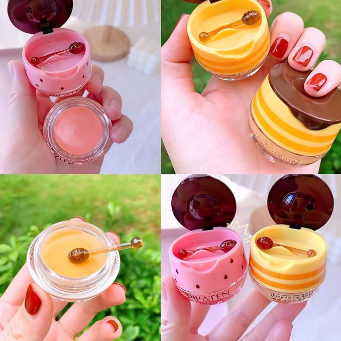 4Pcs Bee Lip Balm Honey Pot, Honey & Strawberry Lip Balm Moisturizing Lip Mask with Stick Hydrating & Prevention Dry and Cracked Lip Scrubs Exfoliator, Lip Sleep Mask Reduces Lip Lines