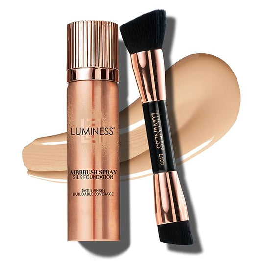 LUMINESS Silk Airbrush Spray Foundation 2-PC Kit - Foundation & Dual-Sided Angled Makeup Brush - Buildable Coverage, Anti-Aging Formula, Humidity Resistant, Hydrates & Moisturizes, Fair