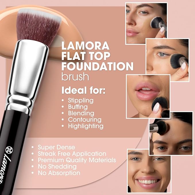LAMORA Foundation Brush for Liquid Makeup - Kabuki Face Brush for Cream, Powder, Blush, and Concealer - Flat Top Blending, Buffing, Stippling Brush
