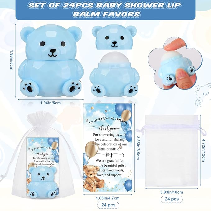 24 Sets Baby Shower Bear Lip Balm Favors Bear Lip Care Transparent Lipstick with Gift Bags and Thank You Cards for Baby Shower Gender Reveal Favors Decorations Gift Supplies
