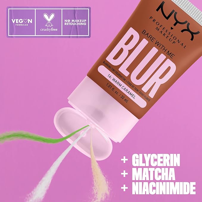 NYX PROFESSIONAL MAKEUP Bare With Me Blur Skin Tint Foundation Make Up with Matcha, Glycerin & Niacinamide - Warm Caramel