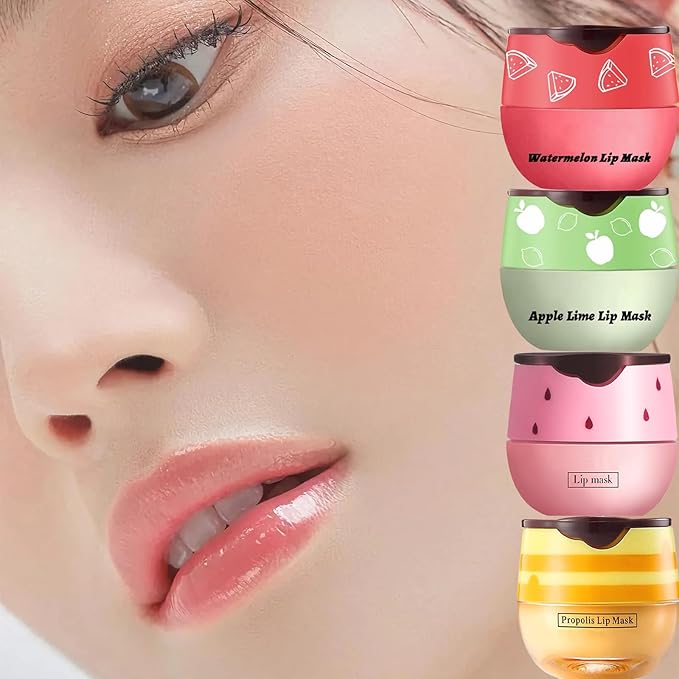 4 PCS Bee Lip Balm Lip Mask Honey Pot, Honey & Strawberry & Watermelon & Apple Lime Lip Mask Overnight Propolis Moisturizing Lip Balm with Stick, Hydrating Lip Sleeping Mask Prevention Dry & Cracked