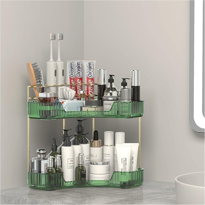 2 Tier Corner Bathroom Organizer Countertop, Vanity Makeup Organizer with Brush Holder, Space-Saving Skincare Storage Corner Shelf for Bathroom, Dressing Table, Kitchen