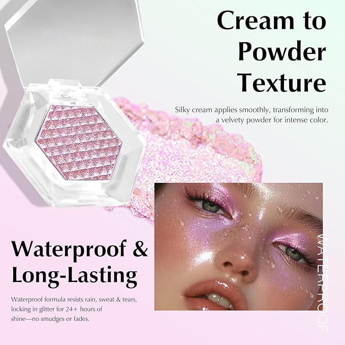 Pink Glitter Eyeshadow Palette, Multichrome Chameleon Cream to Powder Eye Shadow, Color Shifting Holographic Eyeshadow Shimmer Inner Corner Eye Brightener Highlighter Makeup