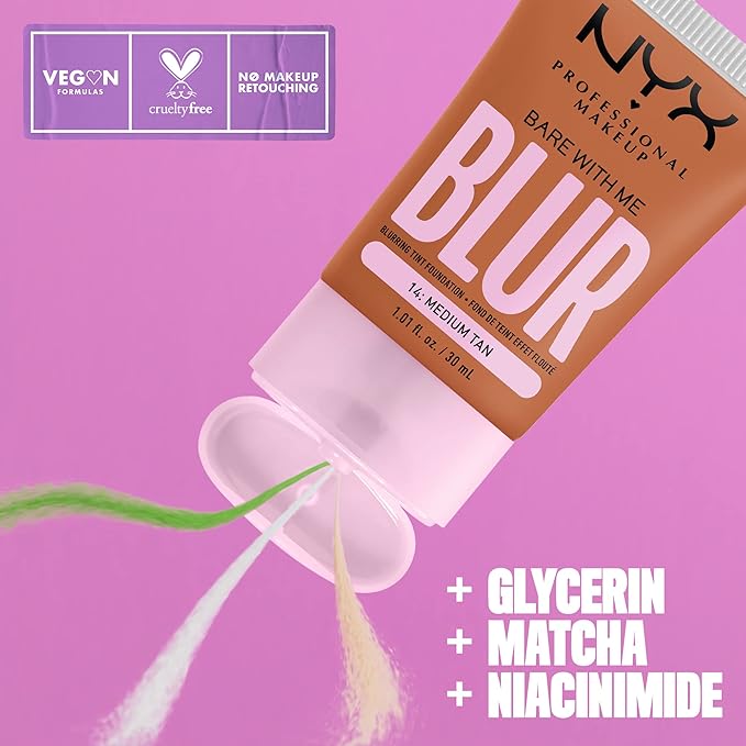 NYX PROFESSIONAL MAKEUP Bare With Me Blur Skin Tint Foundation Make Up with Matcha, Glycerin & Niacinamide - Medium Tan