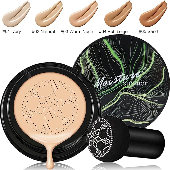 PHOERA Foundation,Mushroom Head Air Cushion CC Cream Natural Foundation,PHOERA Makeup Foundation Full Coverage,Phoera Face Primer, Foundation Brush (101 Porcelain+ 02Natural CC)