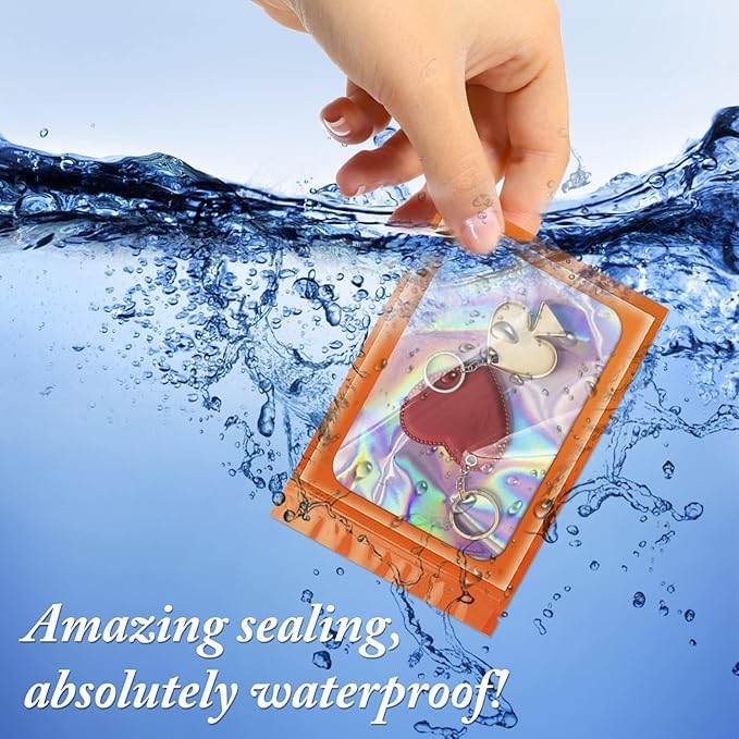 ANZNKU 100 Pcs Smell Proof Mylar Resealable Bags, Holographic Packaging Bags, Resealable Odor Foil Pouch Zip Bag with Clear Window for Food Storage and Lipgloss, Jewelry Lash (Orange, 4.7 x 7.9 Inch)