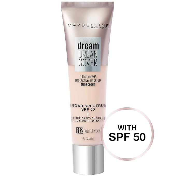 Maybelline Dream Urban Cover Flawless Coverage Foundation Makeup, SPF 50, Natural Ivory