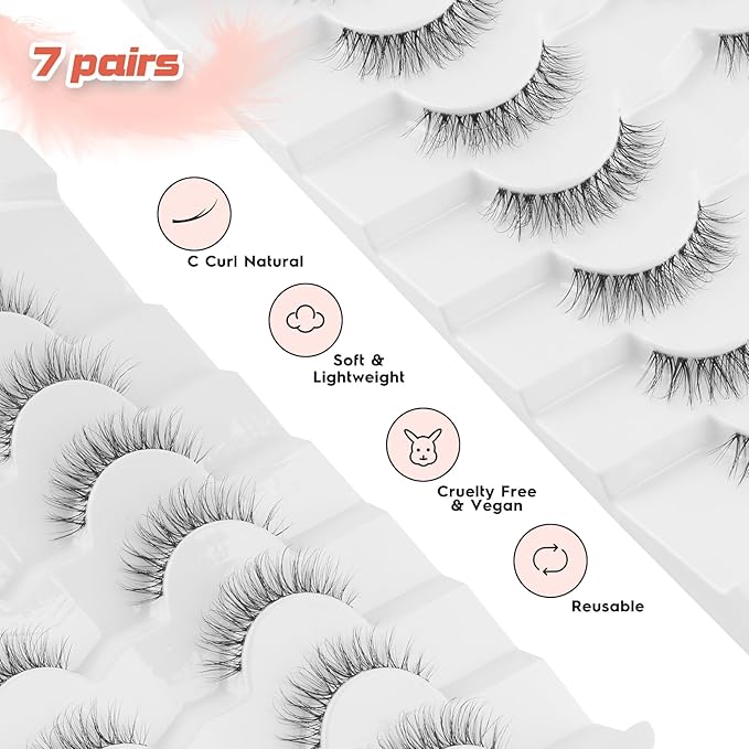 Natural Lashes False Eyelashes 12 MM Short Lashes WIspy 3D Volume Fake Eyelashes Pack C Curl Soft Eye Lash with Thin Cotton Band 7 Pair False Lashes Siligli