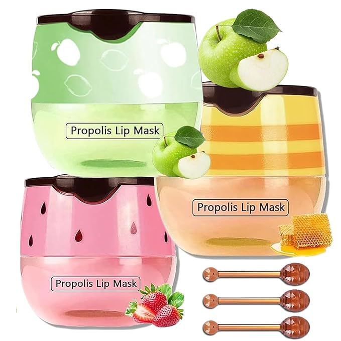 3 PCS Bee Lip Mask Lip Balm Honey Pot, Strawberry & Honey Lip Sleeping Mask Hydrating Prevention Dry and Cracked Lip Scrubs Exfoliator,Lip Mask Overnight Reduces Lip Lines