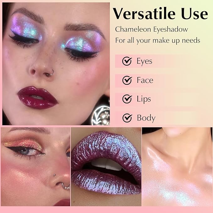 Rose Gold Glitter Eyeshadow Palette, Multichrome Chameleon Cream to Powder Eye Shadow, Color Shifting Holographic Eyeshadow Shimmer Inner Corner Eye Brightener Highlighter Makeup