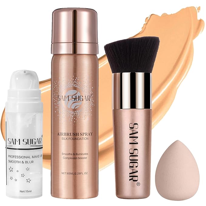 AirBrush Foundation Spray Set, Spray Foundation Makeup and Hydrating Face Primer Kit, Longwear Waterproof Liquid Matte Foundation Mist for Flawless Look, Brush and Sponge Include (#4 Warm Beige)