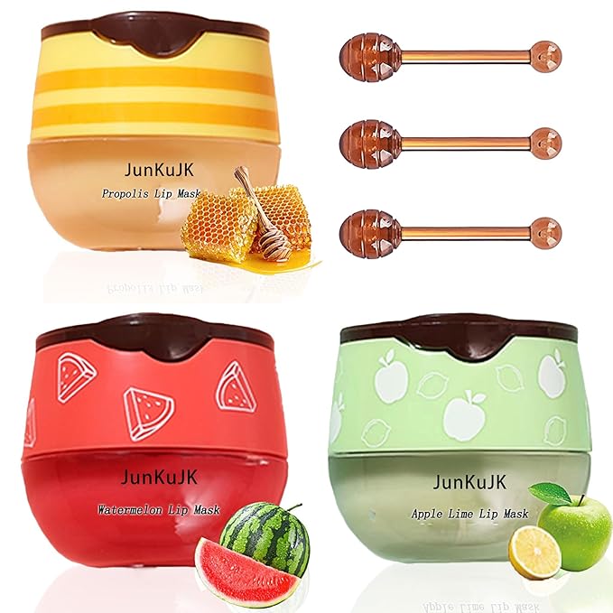 3 Pcs Bee Lip Balm Honey Pot with Stick,Moisturizing Lip Mask Overnight,Day and Night Tinted Sleeping Lip Balm,Hydrating Lip Scrubs Exfoliator & Moisturizer