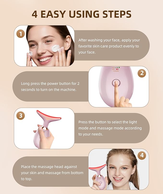 7 Color Face and Neck Massager Light Therapy, Red Light Based Facial Massager for Skin Care, Firming, Smoothing (Pink)