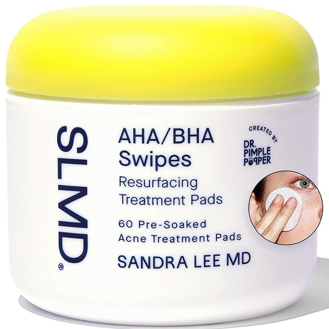 SLMD by Dr. Pimple Popper - AHA BHA Toner Pads Swipes, Salicylic Acid, Glycolic Acid & Lactic Acid - Daily Resurfacing Pads for Face & Body - Facial Exfoliating Pads Resurface, Treat, and Prevent Acne