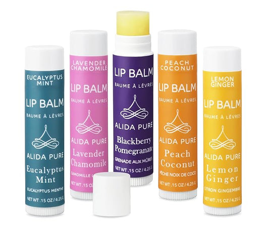 ALIDA PURE Duet Lip Balm Collection, Vegan, Lip Balm Set, Coconut Oil Free, Avocado Oil, Organic Jojoba Oil, Vitamin E Oil, Vegan, Lip Oil Set for Dry Cracked Lips, 5 Tubes of Lip Balm per Set