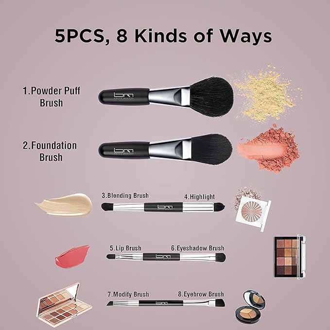 Travel Makeup Brushes Set w/Pouch, 5PCS Double Ended Portable Mini Cosmetic Brushes Kit for Foundation, Eyeshadow, Lip, Blush Make Up Brushes Professional(Black)