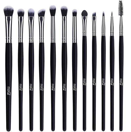 MSQ Eye Makeup Brushes 12pcs Eyeshadow Makeup Brushes Set with Soft Synthetic Hairs & Real Longer Wood Handle for Eyeshadow, Eyelash,Eyebrow, Eyeliner, Blending, Conclear(Black)
