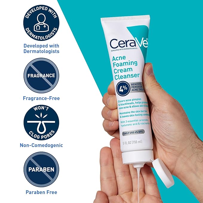 CeraVe Acne Foaming Cream Cleanser, 4% Benzoyl Peroxide Face Wash With Hyaluronic Acid, Niacinamide & Ceramides, Gentle Daily Acne Treatment For Face