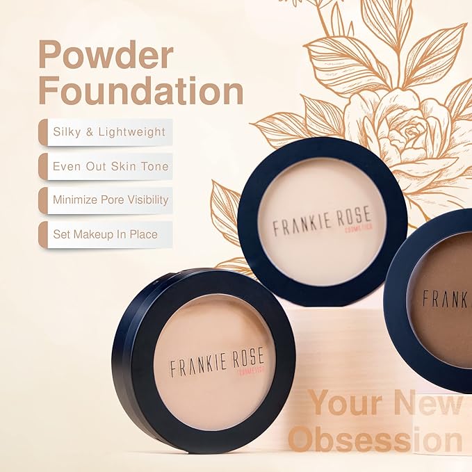 Frankie Rose Cosmetics Powder Foundation – Full Coverage Face Powder For Pores & Imperfections, Evens Out Skin Tone & Shine-Control | 58 Grams (Honey)