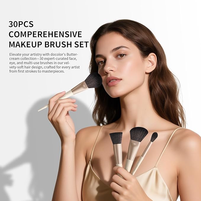 Docolor Makeup Brushes Set Professional 30Pcs Makeup Brushes Premium Synthetic Powder Kabuki Foundation Contour Blush Concealer Eye Shadow Blending Eyeliner Crease Eyebrow Make Up Brush Kit - Beige