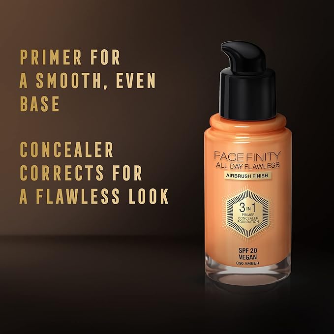 Max Factor Facefinity 3-in-1 All Day Flawless Liquid Foundation, SPF 20-90 Amber, 30 ml