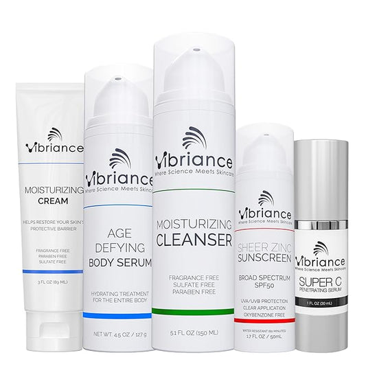 Vibriance Premium Skincare Bundle | Super C All-in-One Serum, Face Cleanser, Moisturizing Cream, Sheer Zinc Sunscreen SPF 50, Age Defying Body Creme - Heal, Hydrate, Protect, Rejuvenate