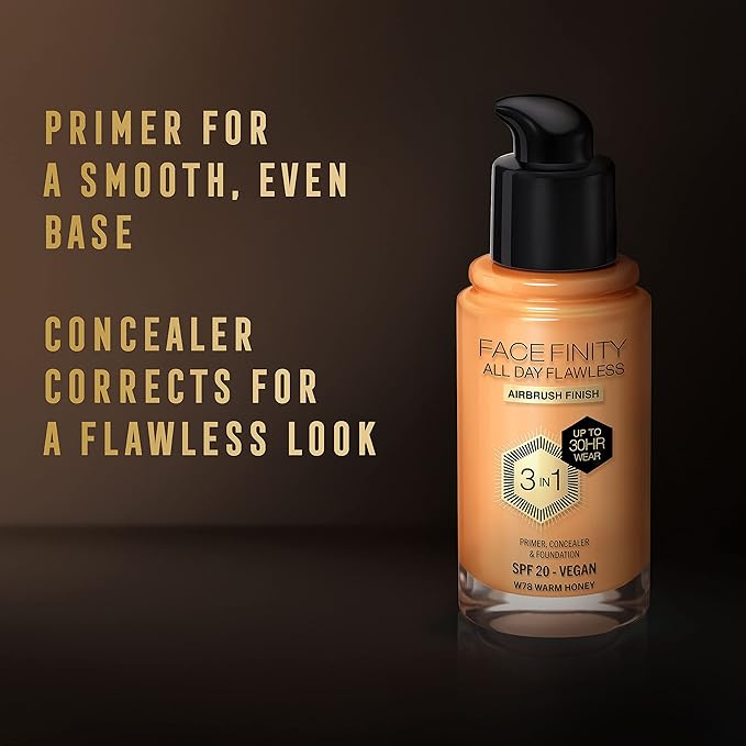 Max Factor Facefinity 3-in-1 All Day Flawless Liquid Foundation, SPF 20-78 Warm Honey, 30 ml
