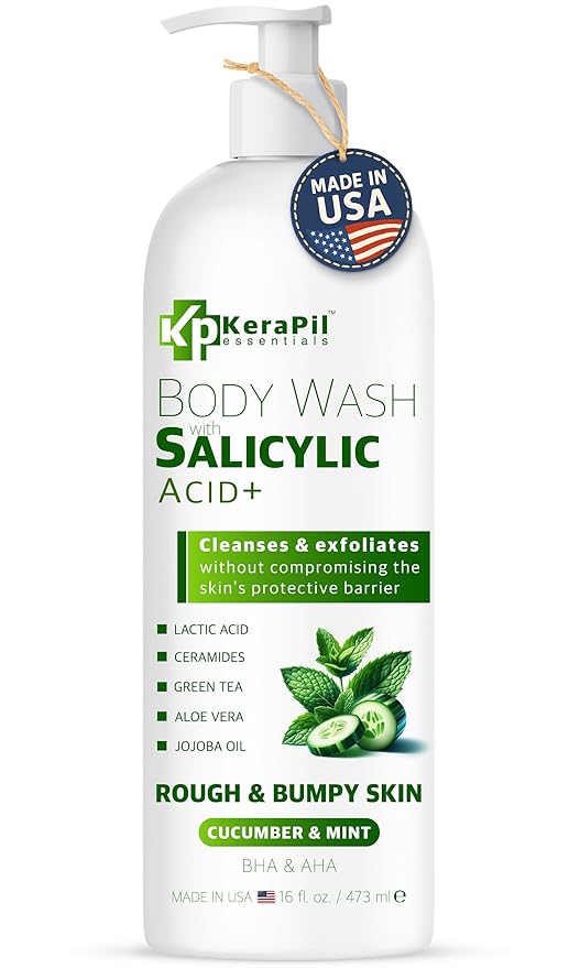 Exfoliating Body Wash with Salicylic Acid - No Dry Out, Gentle Exfoliates Rough and Bumpy Skin, Body Acne Wash, BHA & AHA - Cucumber and Mint Salicylic Acid Body Wash - (16 fl oz)