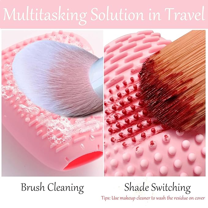 Silicone Travel Make-up Brush Holder with Cleaner Mat Pad, Organizer Case Covers for Foundation Eye Lip Brushes Storage Cleaning, Gift for Women Girl-friend Mother Wife, 5-Pcs Large + 7 Small, Pink