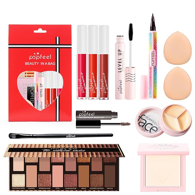 All-in-one Holiday Makeup Gift Set | Full Makeup Kit for Women Multipurpose Essential Bundle Include Eyeshadow Palette Lipstick Blush Concealer Face Powder Eyeliner Mascara Lipgloss Brush