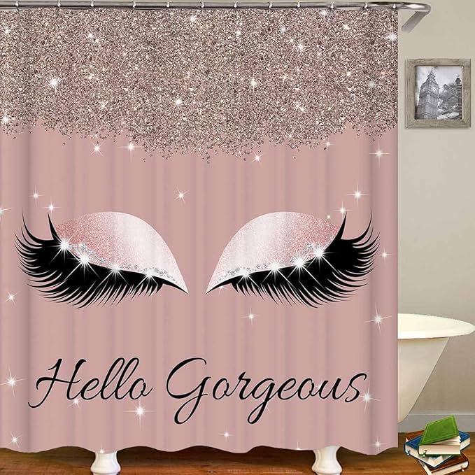 4PCS Hello Gorgeous Shower Curtain Sets with Rugs, Rose Gold Glitter Bling Glam Makeup Diamond Unicorn Eyelash Bathroom Decor, Waterproof Fabric Pink Shower Curtain Girly Gifts for Girls Women