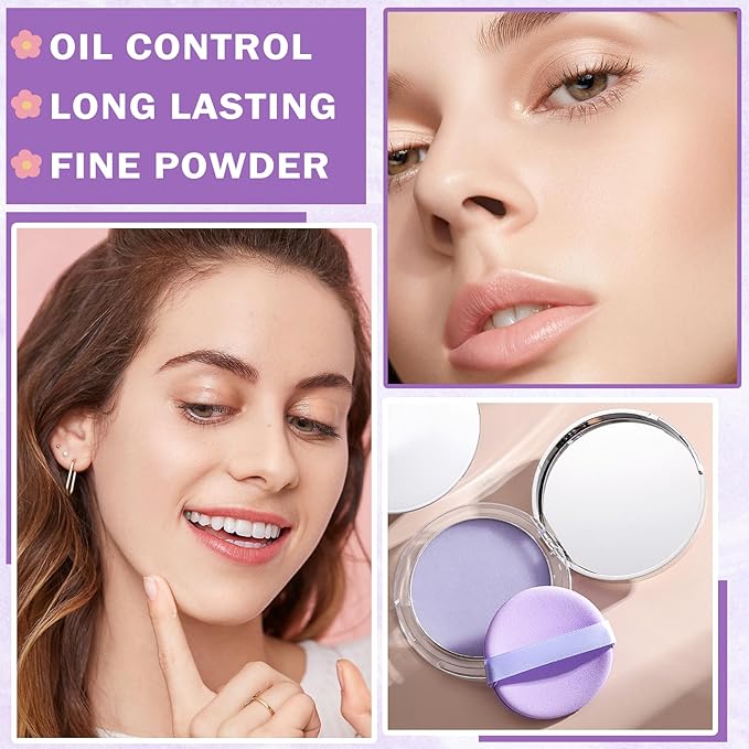 AIUEO Lavender Matte Setting Powder Sunscreen Powder Oil Control Blurring Pressed Powder Refreshing and Comfortable Purple Face Powder Makeup, Polvo Compacto De Maquillaje