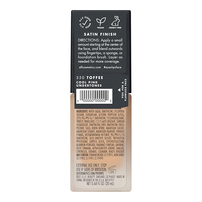 e.l.f. Flawless Finish Foundation, Lightweight & Medium Coverage, Semi-Matte Finish, Toffee, 0.68 Fl Oz (20mL)