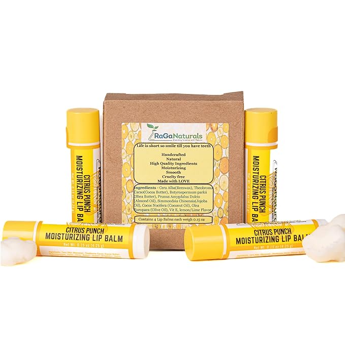 All Natural Lemon Moisturizing Lip Balm Gift Ornament for Holiday Stocking Stuffers, All Day Hydration, Original beeswax, Shea butter, Jojoba oil, Vitamin E and Love - Pack of 4 Tubes