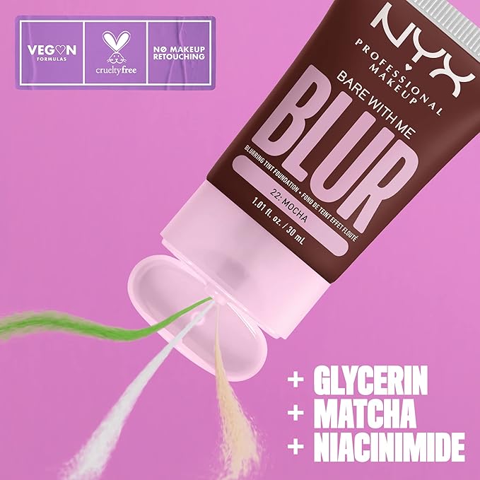 NYX PROFESSIONAL MAKEUP Bare With Me Blur Skin Tint Foundation Make Up with Matcha, Glycerin & Niacinamide - Mocha