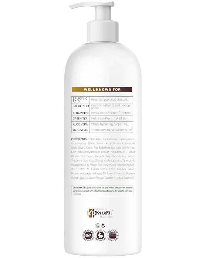 Exfoliating Body Wash with Salicylic Acid - No Dry Out, Gentle Exfoliates Rough and Bumpy Skin, Body Acne Wash, BHA & AHA - Coconut and Vanilla with Salicylic Acid - (16 fl oz)