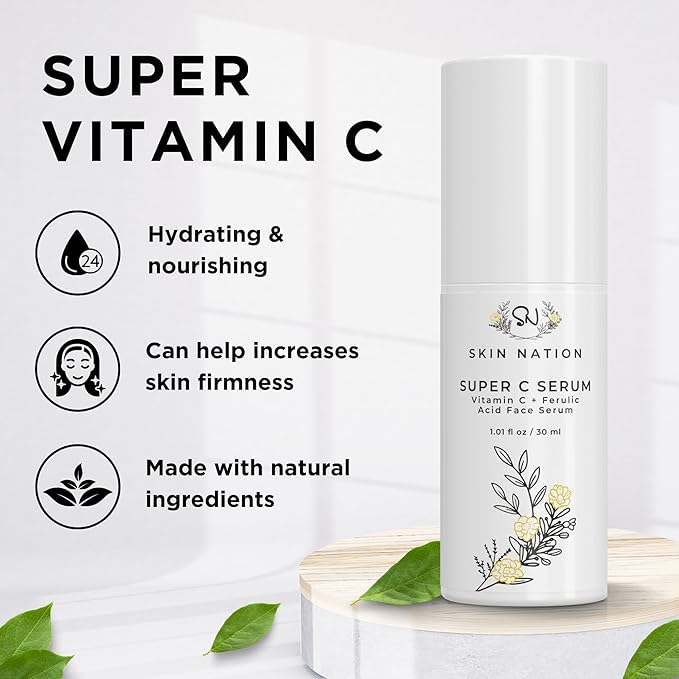 Skin Nation Super Hydrating Vitamin C Face Serum with Ferulic Acid, Aloe Vera, Rosehip Oil, Can Help Smooth Skin Texture and Supports Firmer Skin, for Dry and Sensitive Skin