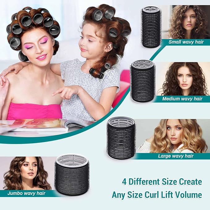 Acejoz Hair Rollers for Blowout Look, 38 Pcs Self Grip Hair Rollers Set with 4 Sizes, 12 Pcs Hair Clips, Comb and Storage Bag for Hair Volume (Black)