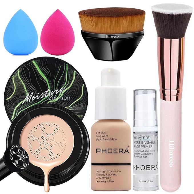 PHOERA Foundation,Mushroom Head Air Cushion CC Cream Natural Foundation,PHOERA Makeup Foundation Full Coverage,Phoera Face Primer, Foundation Brush (105 Sand + 05 Sand CC)