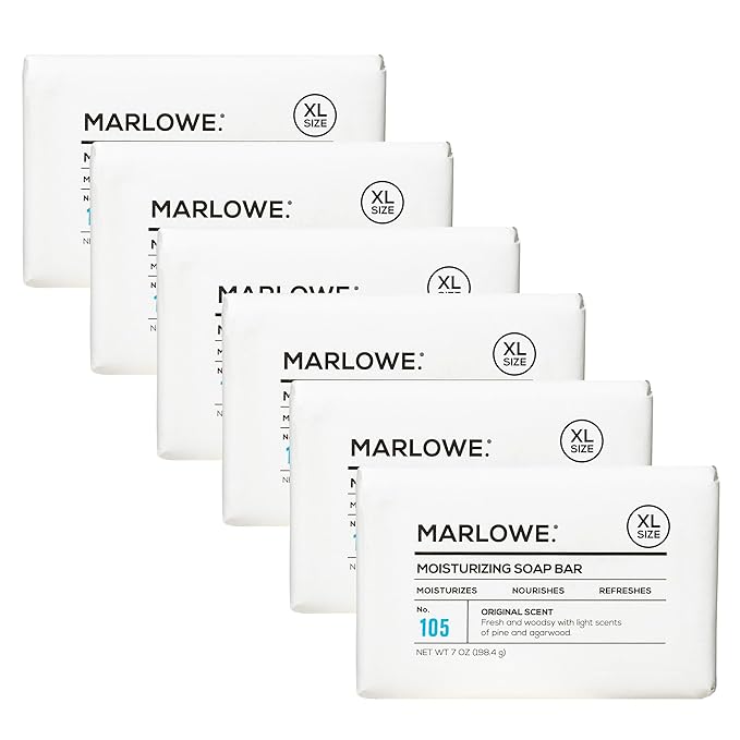 MARLOWE. No. 105 Bar Soap for Men 7 oz (6 Bars) Moisturizing Body Soap, Nourishing & Refreshing with Natural Extracts, Shea Butter, Olive Oil & Green Tea Extracts, Original Sage & Fir Scent