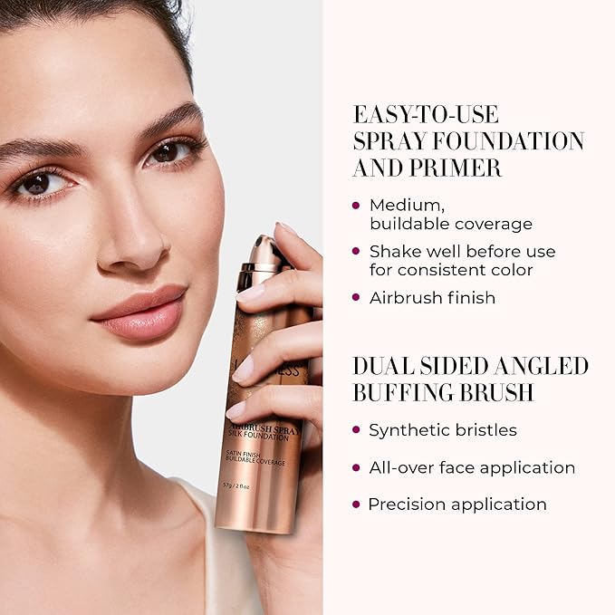 LUMINESS Airbrush Spray Silk Foundation Starter Kit - Warm Deep - Foundation, Primer & Dual-Sided Angled Buffing Brush - Medium, Buildable Coverage, Anti-Aging Formula Hydrates & Moisturizes