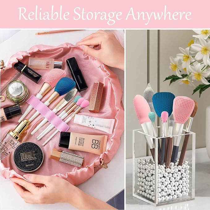 Silicone Travel Make-up Brush Holder with Cleaner Mat Pad, Organizer Case Covers for Foundation Eye Lip Brushes Storage Cleaning, Gift for Women Girl-friend Mother Wife, 3-Pcs Large + 5 Small, Pink