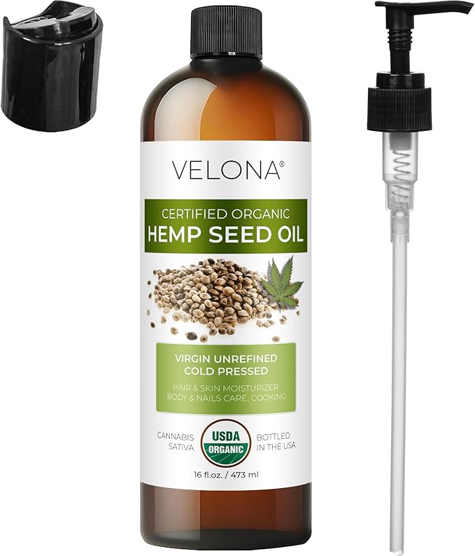 velona Hemp Seed Oil USDA Certified Organic - 16 Fl Oz | 100% Pure and Natural Carrier Oil | Unrefined, Cold Pressed | Hair, Body, Face & Skin Care