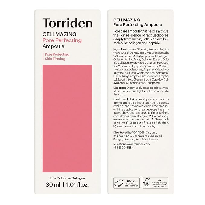 Torriden CELLMAZING Pore Perfecting Ampoule 30ml (1.01 fl.oz.) | Improving Skin Elasticity | 5D Collagen, Peptide Complex, PHA, LHA | Korean Facial Serum, Korean Skin Care