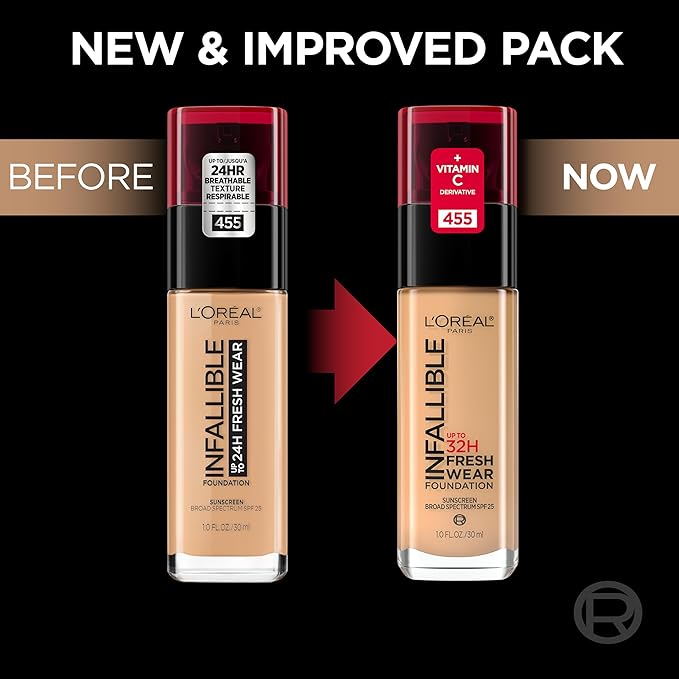 L'Oreal Paris Makeup Infallible Up to 32 Hour Fresh Wear Lightweight Foundation, 480 Radiant Sand, 1 Fl Oz, Packaging May Vary