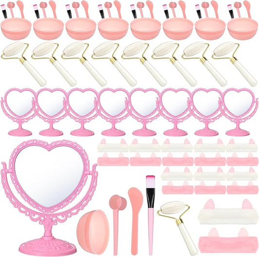 8 Set Spa Party Supplies for Girls Including 8 Heart Shaped Stand Mirrors 8 Jade Roller for Face 8 Face Brushes Kit 8 Face Mask Mixing Bowl 8 Headband for Sleepover Birthday Party Favors
